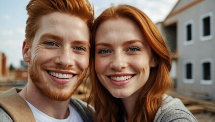 A young redheaded couple smiles for a selfie at a construction site, expressing their happiness and excitement about their future home amidst the ongoing building work.