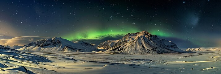 Naklejka premium A mountain covered in snow glows under a striking green light, creating a unique and mesmerizing scene. Generative AI