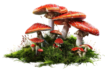 A whimsical scene featuring a circle of Fly agaric mushrooms, their vibrant red caps forming a vibrant contrast against the emerald green moss, rendered  on a white background.