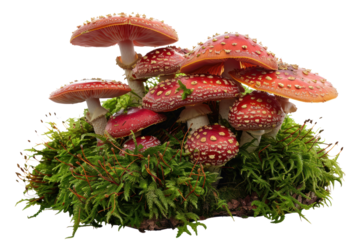 A whimsical scene featuring a circle of Fly agaric mushrooms, their vibrant red caps forming a vibrant contrast against the emerald green moss, rendered  on a white background.
