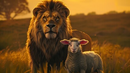 In a serene meadow bathed in the warm hues of sunset, a majestic lion and a gentle lamb stand side...