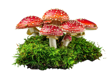 A whimsical scene featuring a circle of Fly agaric mushrooms, their vibrant red caps forming a vibrant contrast against the emerald green moss, rendered  on a white background.