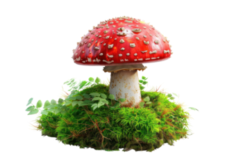 A whimsical scene featuring a circle of Fly agaric mushrooms, their vibrant red caps forming a vibrant contrast against the emerald green moss, rendered  on a white background.