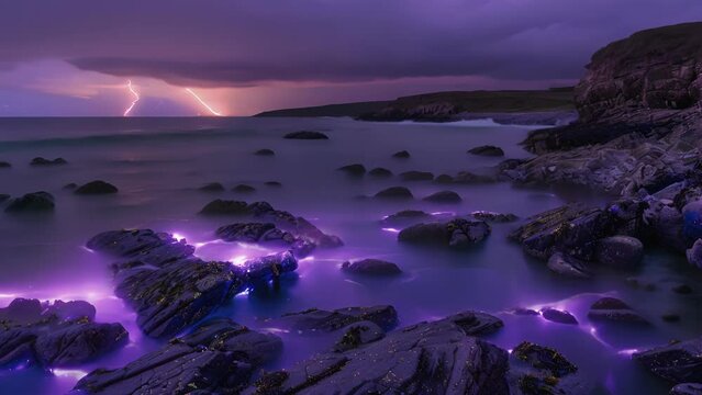 A rocky beach with small coves lit up by violet flames dancing on the waters surface.