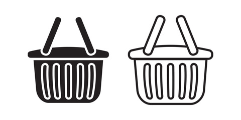 Shopping basket icon set, Shopping cart icon set, Full and empty shopping cart symbol, supermarket grocery purchase basket vector symbol in black filled and outlined style.