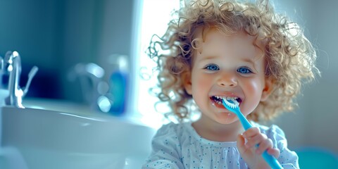 Banner with smiling baby brushing teeth. Dental hygiene concept. Shallow depth of field. 