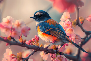 Obraz premium A colorful bird on a branch of a blooming tree with pink flowers close-up. Spring blooming tree with a bird on it 