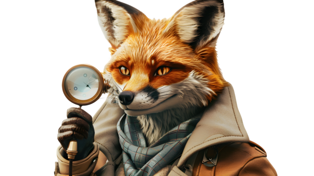 Fox dressed as a detective isolated on a transparent background, PNG, Ai