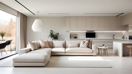Clean lines, sleek furnishings, and a neutral color scheme characterize this modern minimalist home interior design, which has an open concept living area that is connected to a large kitchen that is 