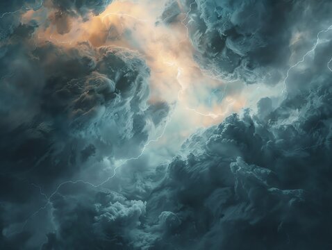 Brooding storm clouds with sporadic lightning, swirling fiercely, white backdrop, wide shot, moody lighting