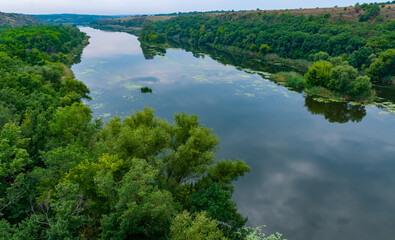 Old floodplain forest along the banks of the Southern Bug River in a granite canyon