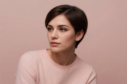 Thoughtful androgyne woman against a pink background with copy space.