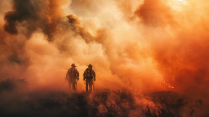 Fototapeta premium Smoke-Enshrouded Firefighter Background. 4K HD Wallpaper Depicting Firefighting Scene.