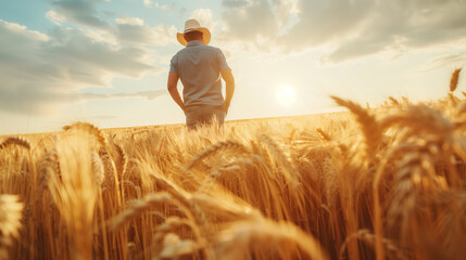 a farmer standing in a golden wheat field
