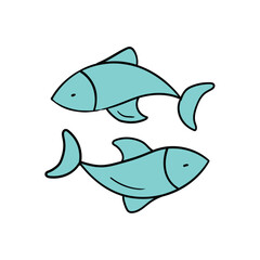 Hand drawn doodle icon of two fish on white background.