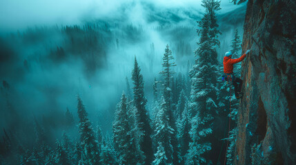 Climber in red jacket scales a mountain cliff in a foggy, snow-covered forest, surrounded by dense...