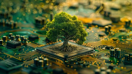 A small green tree growing on a computer chip, symbolizing the blend of technology and nature
