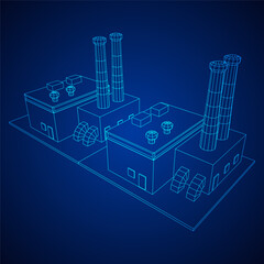 Industrial factory. Plant or Factory Building. Manufacturing building. Wireframe low poly mesh vector illustration.