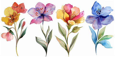 Colorful flowers in watercolor style isolated on white background, detailed illustration