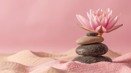 Zen Stones, Velvet Sand, and Lotus Flower against Pastel Pink