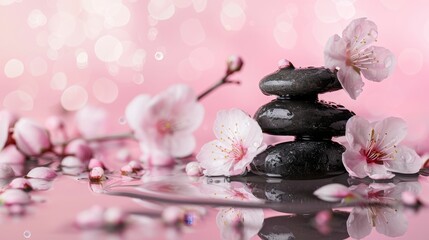 Zen Stones and Japanese Cherry Blossoms on Pink Background