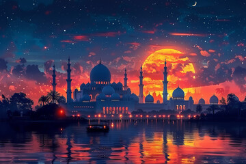 Fototapeta premium Scenic Islamic city skyline with mosque and minarets against a night sky.