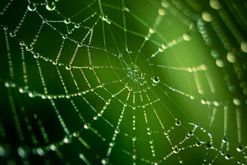 Morning spider web with water drops or grow on it against green grass background, selective focus close up
