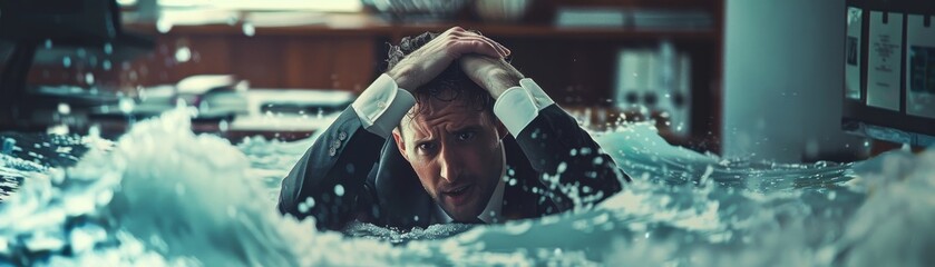Stressed Businessman Submerged by Water in Workplace due to Burnout