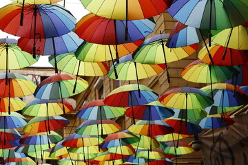 Full colored umbrellas in a fancy street