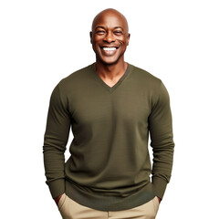 Front view mid shot of a 60-year-old handsome Black man dressed in a muted olive green V-neck sweater and khaki chinos, smiling on a white transparent background