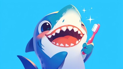 Picture an adorable cartoon shark holding a toothbrush