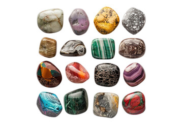 A selection of tumbled healing stones, perfect for carrying in your pocket or adding to your meditation practice, isolated on white background.