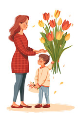 Little Boy Presenting Bouquet of Spring Flowers to Adult Woman, Son Giving Blossoms to Mother, Teacher or Caregiver on Mother's Day Holiday