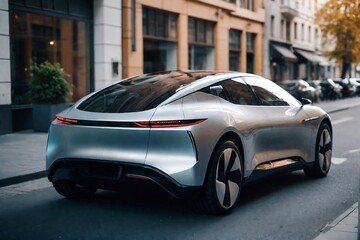 A futuristic EV car parked on the street with copy space, side view