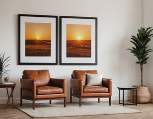 Fototapeta premium Two armchairs in room with white wall and big frame poster on it. Scandinavian style interior design of modern living room.