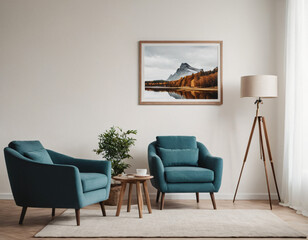 Two armchairs in room with white wall and big frame poster on it. Scandinavian style interior design of modern living room.