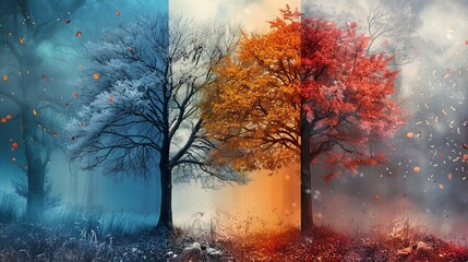 Show the transformation of a single element, like a tree or flower, through the four seasons, highlighting the changes in color, texture, and form