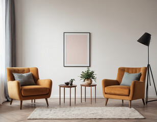 Two armchairs in room with white wall and big frame poster on it. Scandinavian style interior design of modern living room.