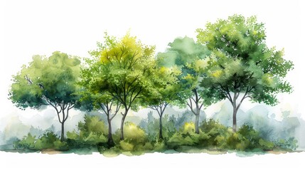 Vector watercolor of a green tree top view, isolated on a white background, ideal for landscape plans and architectural layouts, including blooming botanical elements for garden aesthetics.