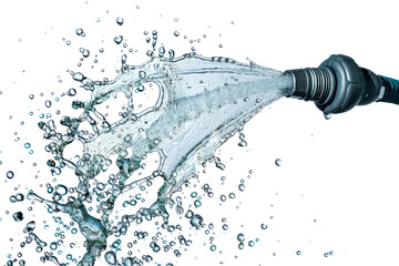 A refreshing splash of water from a garden hose, capturing the droplets as they dance and sparkle in the air, isolated on white background