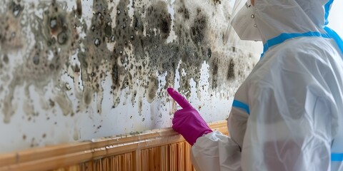 Woman in hazmat suit pointing at moldy wall for inspection and cleaning. Concept Home Maintenance, Mold Inspection, Cleaning Hazmat Suit, Household Concerns