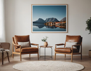 Two armchairs in room with white wall and big frame poster on it. Scandinavian style interior design of modern living room.