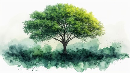 Vector watercolor of a green tree top view, isolated on a white background, ideal for landscape plans and architectural layouts, including blooming botanical elements for garden aesthetics.