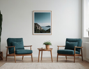 Two armchairs in room with white wall and big frame poster on it. Scandinavian style interior design of modern living room.