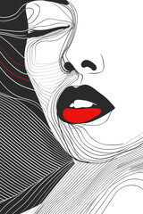 Monochrome Abstract Female Portraits with Red Lips in Linear Style