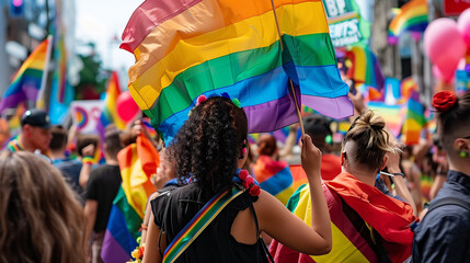 hand holding colorful rainbow gay flag (copy space), symbol of lgbt people, lgbt happy pride month diversity of genders love,romance, tolerance,celebration,concept of lgbtq community equality movement