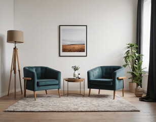 Two armchairs in room with white wall and big frame poster on it. Scandinavian style interior design of modern living room.