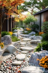 Japanese Garden Design: Zen Garden with Stone Path and Bamboo Fence