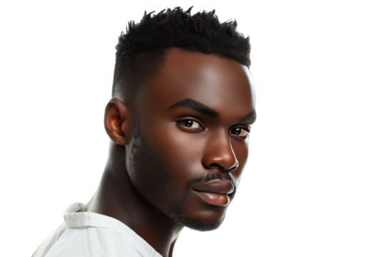 A photorealistic headshot of a confident African American man with a stylish haircut and a sharp jawline. isolated on white background