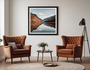 Two armchairs in room with white wall and big frame poster on it. Scandinavian style interior design of modern living room.